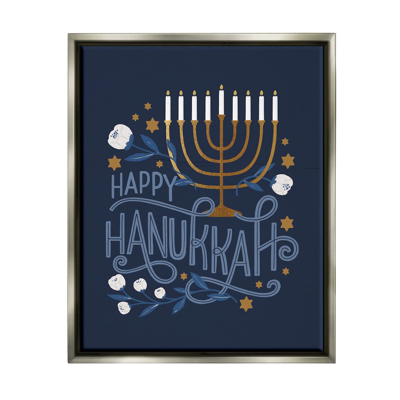 Stupell Industries Happy Hanukkah Traditional Menorah Symbols Framed Floater Canvas Wall Art